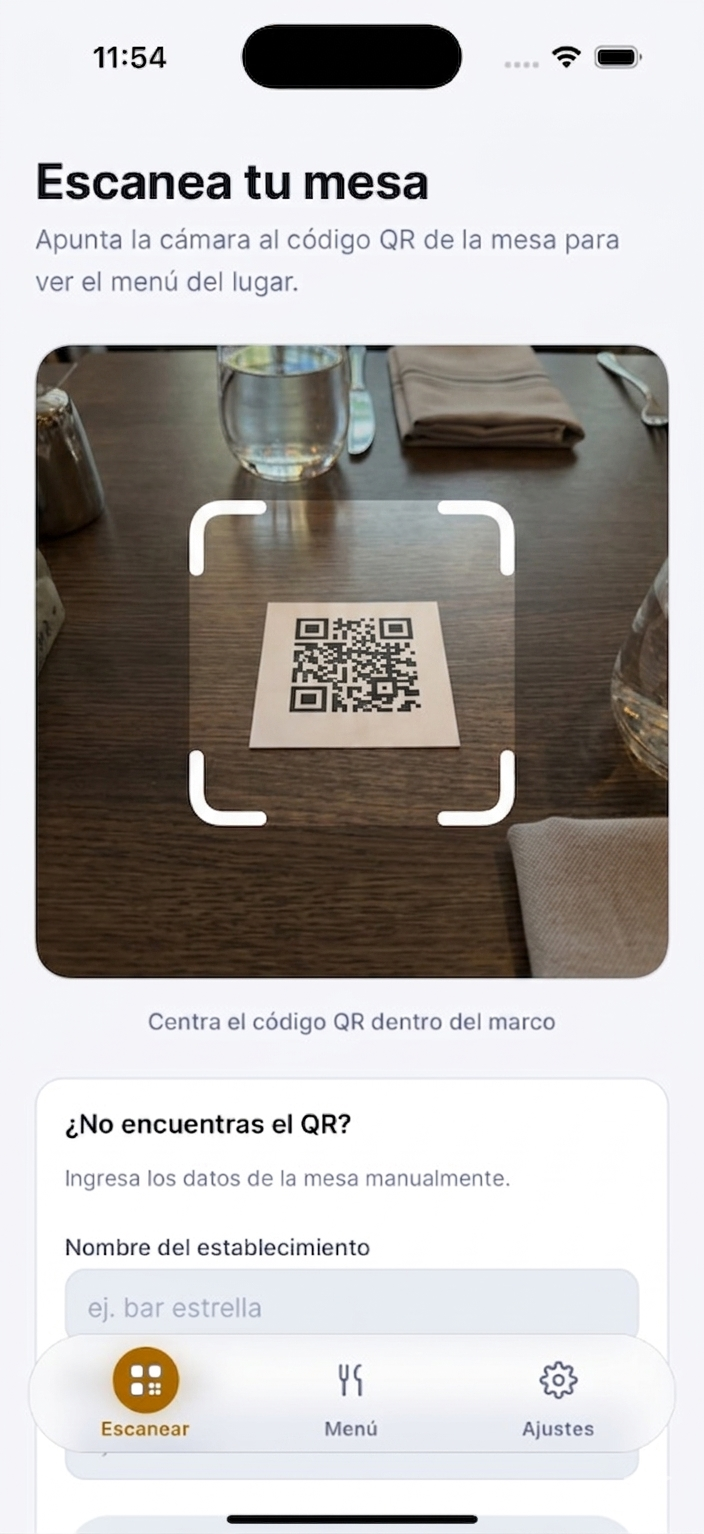 Pantalla Escanear de MesaPay con el marco para centrar el código QR de la mesa y la opción de buscar el lugar por su nombre.